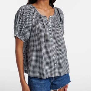 INDUSTRY BLUE COTTON GINGHAM CHECK PUFF SLEEVE CLASSIC BOHO TOP Ivory S